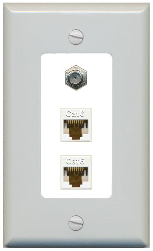 RiteAV - 2 Port Cat6 Ethernet 1 Coax Cable TV Wall Plate - 1 Gang Decorative [Gray/White]