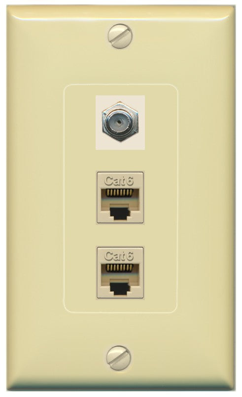 RiteAV - 2 Port Cat6 Ethernet 1 Coax Cable TV Wall Plate - 1 Gang Decorative [Ivory/Ivory]