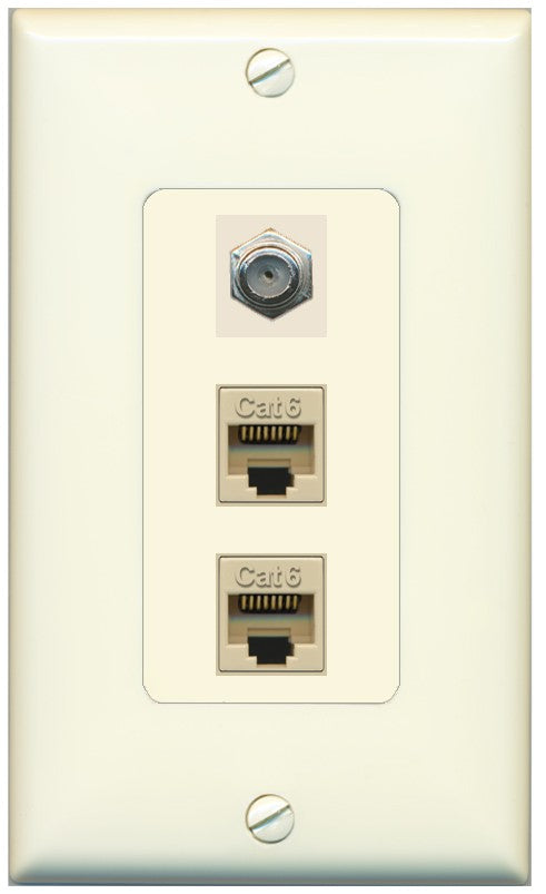 RiteAV - 2 Port Cat6 Ethernet 1 Coax Cable TV Wall Plate - 1 Gang Decorative [Light-Almond]