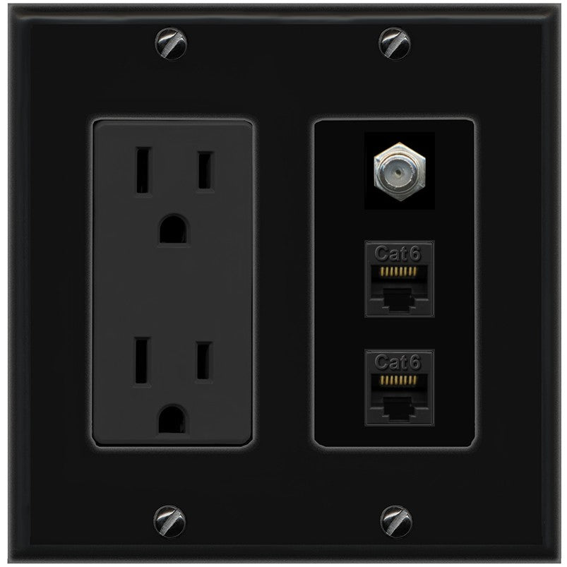 RiteAV - 2 Port Cat6 Ethernet 1 Coax Cable TV Wall Plate - Outlet [Black/Black]