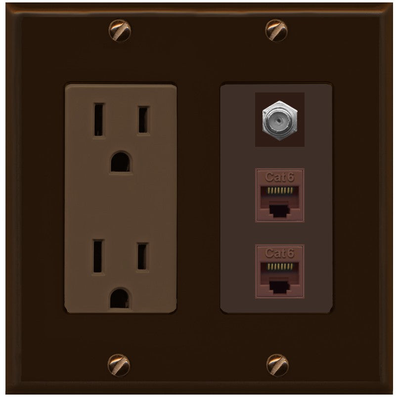 RiteAV - 2 Port Cat6 Ethernet 1 Coax Cable TV Wall Plate - Outlet [Brown/Brown]