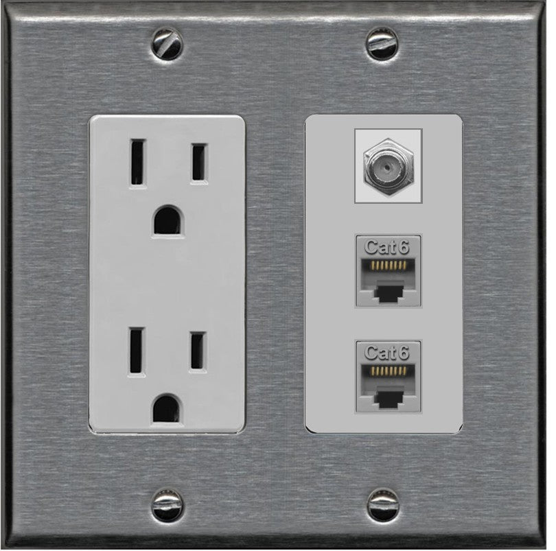 RiteAV - 2 Port Cat6 Ethernet 1 Coax Cable TV Wall Plate - Outlet [Stainless/Gray]