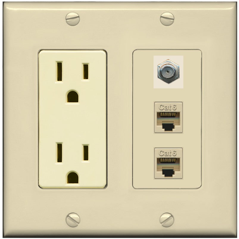 RiteAV - 2 Port Cat6 Ethernet 1 Coax Cable TV Wall Plate - Outlet [Ivory/Ivory]