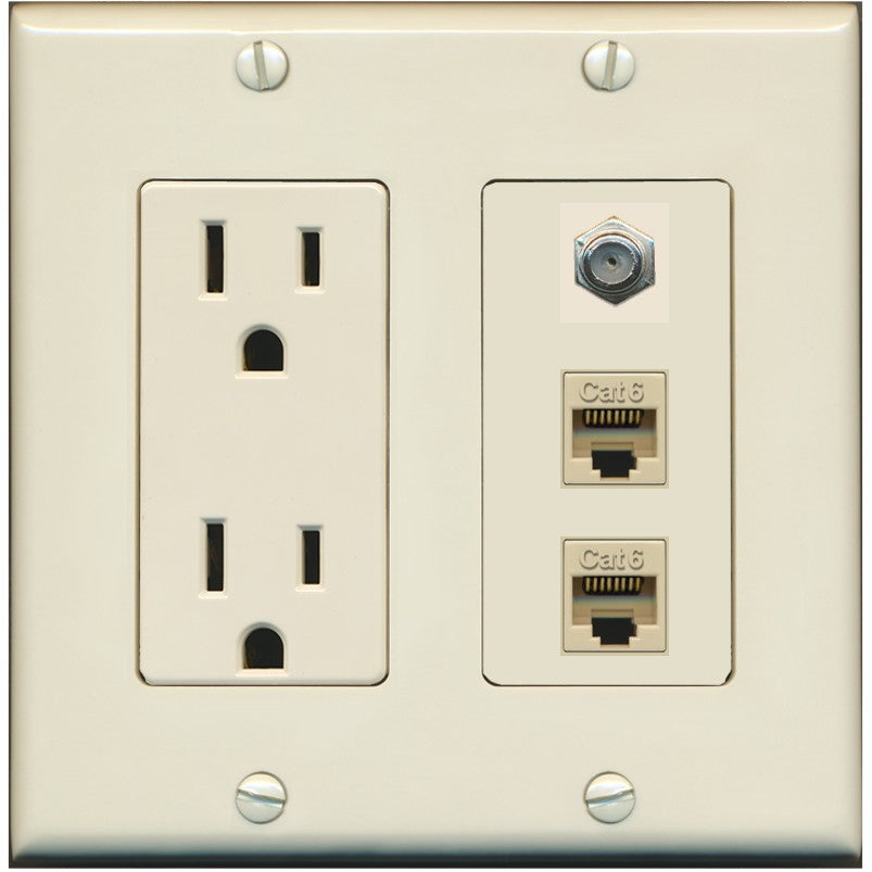 RiteAV - 2 Port Cat6 Ethernet 1 Coax Cable TV Wall Plate - Outlet [Light-Almond]