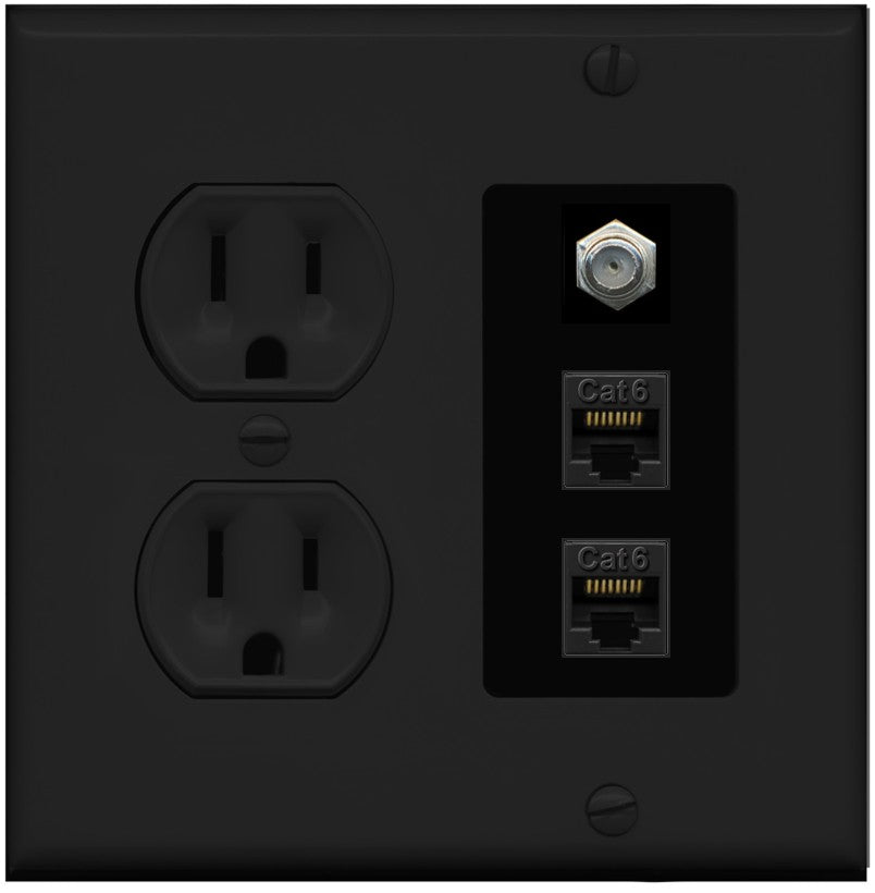 RiteAV - 2 Port Cat6 Ethernet 1 Coax Cable TV Wall Plate - Round Outlet [Black/Black]
