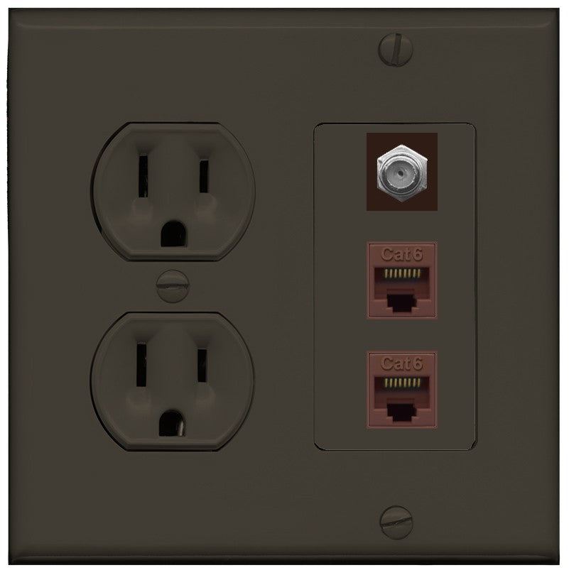RiteAV - 2 Port Cat6 Ethernet 1 Coax Cable TV Wall Plate - Round Outlet [Brown/Brown]