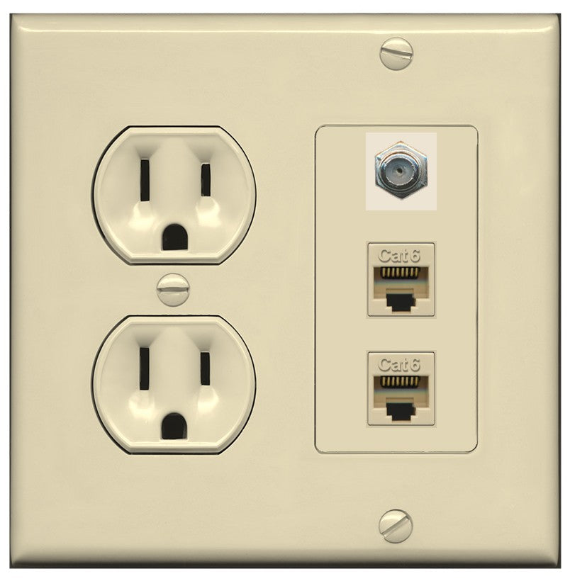 RiteAV - 2 Port Cat6 Ethernet 1 Coax Cable TV Wall Plate - Round Outlet [Ivory/Ivory]