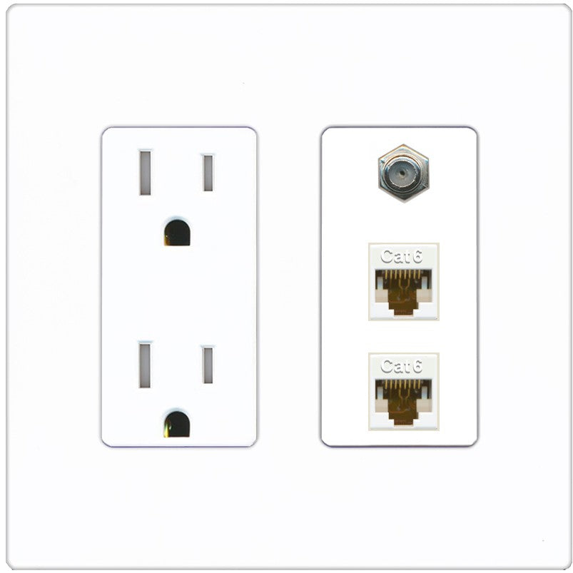 RiteAV - 2 Port Cat6 Ethernet 1 Coax Cable TV Wall Plate - Tamper-Resistant Outlet [Screwless White]