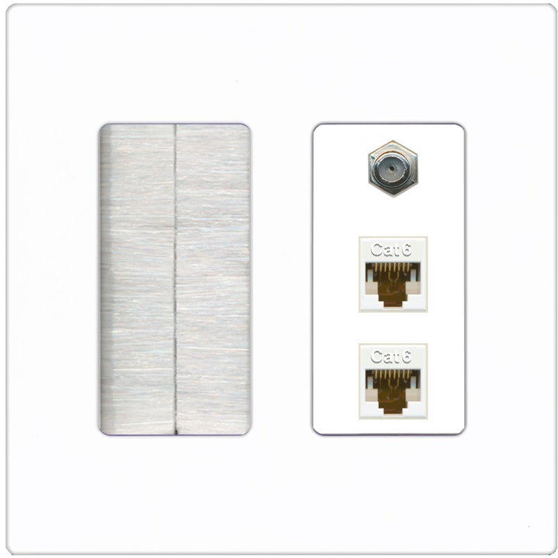 RiteAV - 2 Port Cat6 Ethernet 1 Coax Cable TV Wall Plate - Brush [Screwless White]