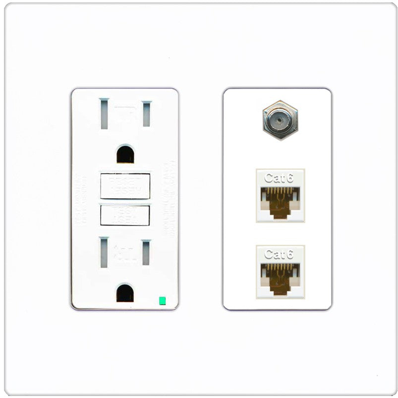 RiteAV - 2 Port Cat6 Ethernet 1 Coax Cable TV Wall Plate - GFCI Outlet [Screwless White]