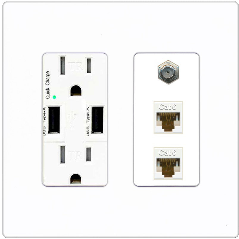 RiteAV - 2 Port Cat6 Ethernet 1 Coax Cable TV Wall Plate - USB Outlet [Screwless White]