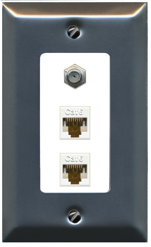 RiteAV - 2 Port Cat6 Ethernet 1 Coax Cable TV Wall Plate - 1 Gang Decorative [Stainless/White]
