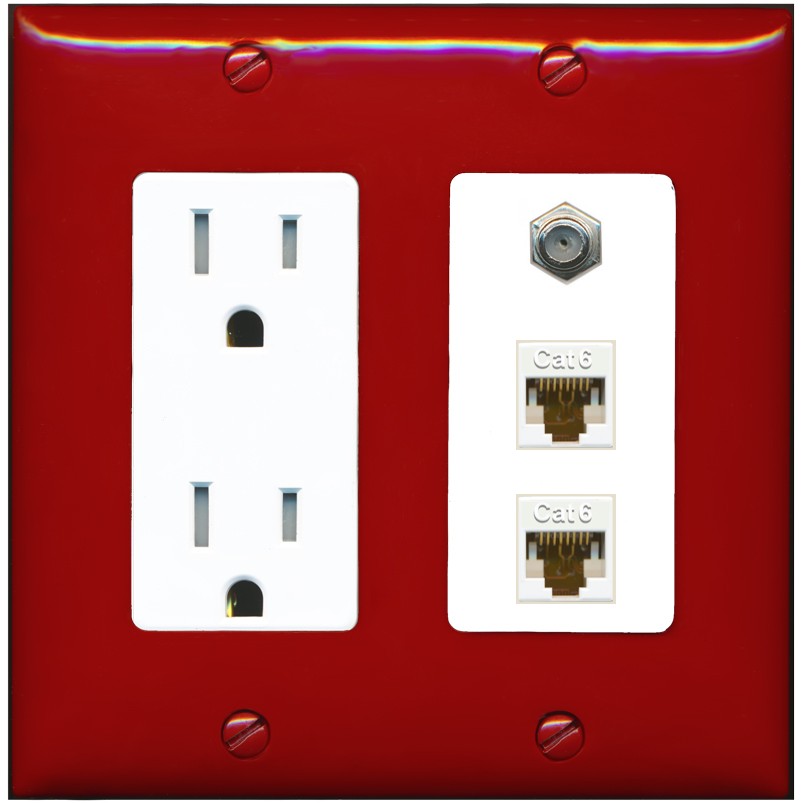 RiteAV - 2 Port Cat6 Ethernet 1 Coax Cable TV Wall Plate - Tamper-Resistant Outlet [Red/White]