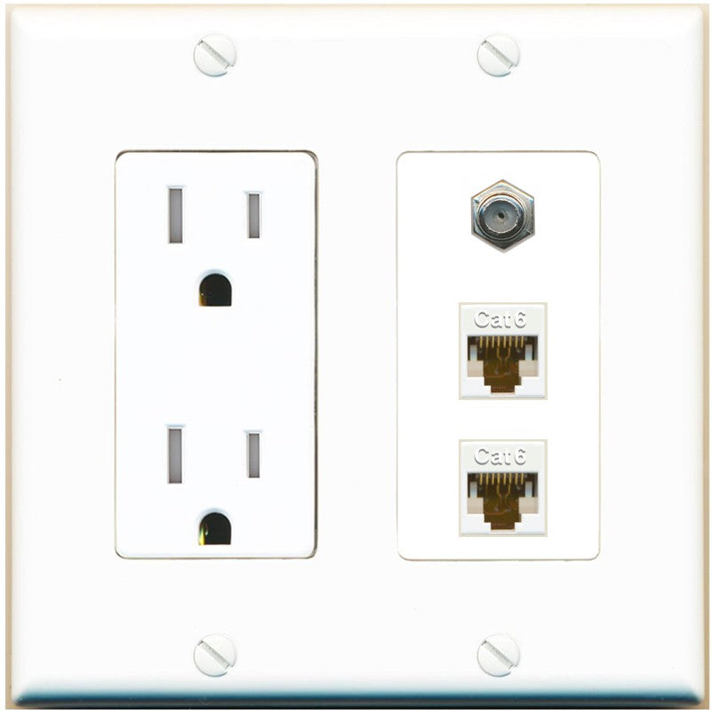 RiteAV - 2 Port Cat6 Ethernet 1 Coax Cable TV Wall Plate - Tamper-Resistant Outlet [White]