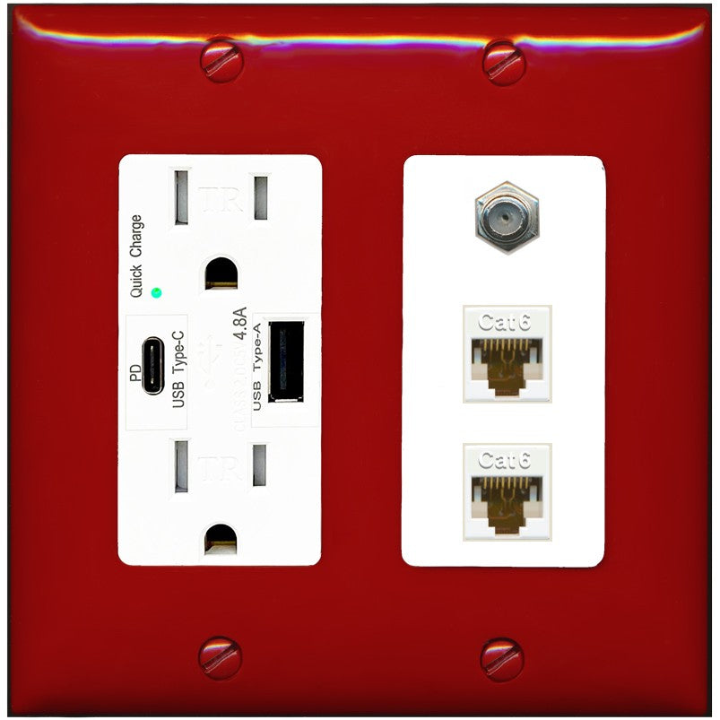RiteAV - 2 Port Cat6 Ethernet 1 Coax Cable TV Wall Plate - USB A+C Outlet [Red/White]
