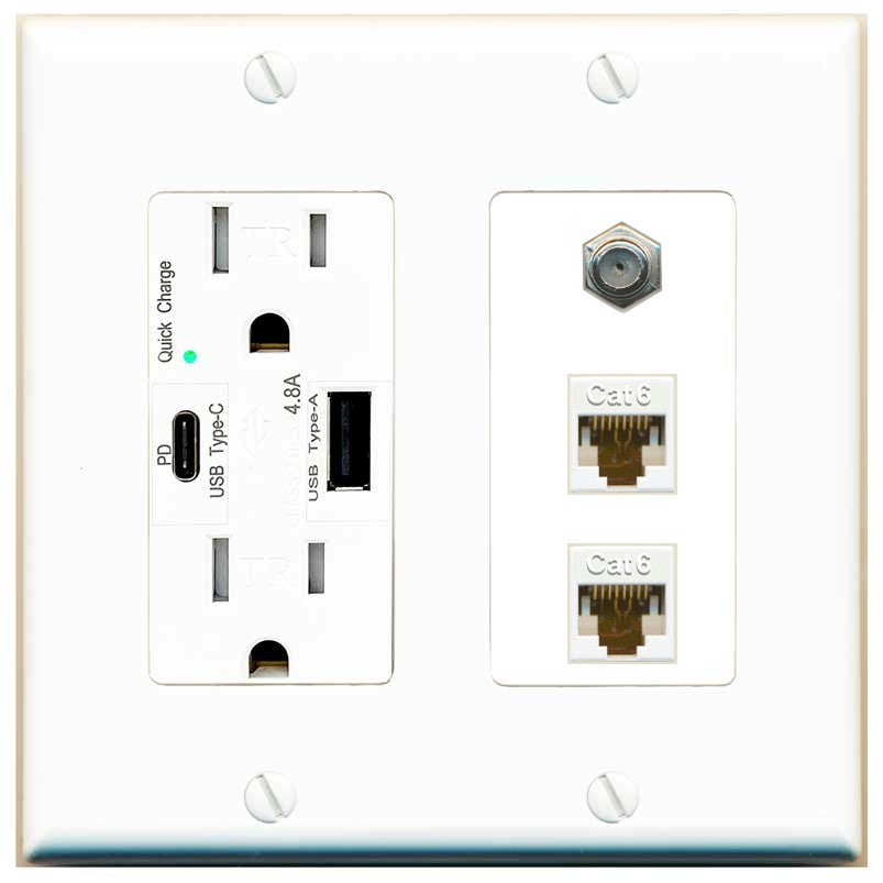 RiteAV - 2 Port Cat6 Ethernet 1 Coax Cable TV Wall Plate - USB A+C Outlet [White]