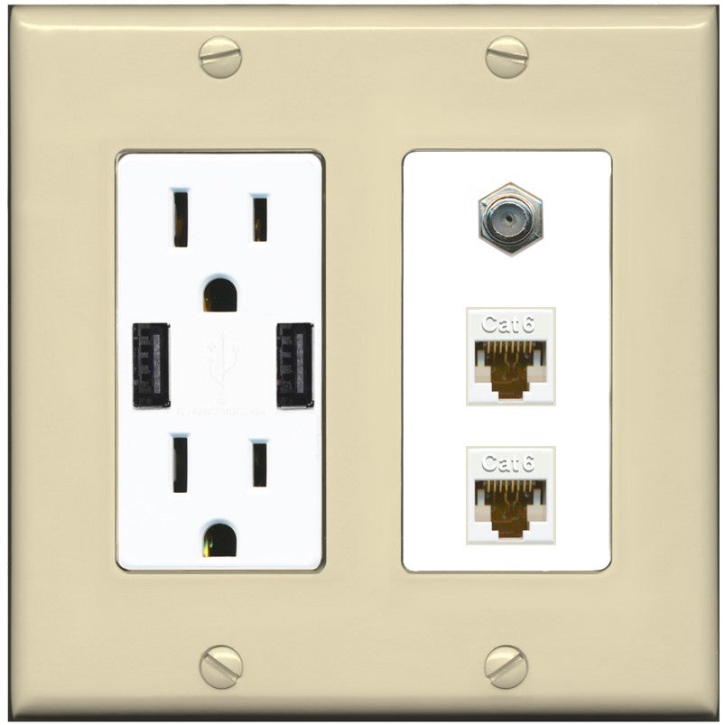 RiteAV - 2 Port Cat6 Ethernet 1 Coax Cable TV Wall Plate - USB Outlet [Ivory/White]