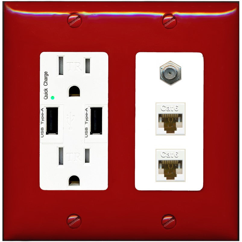 RiteAV - 2 Port Cat6 Ethernet 1 Coax Cable TV Wall Plate - USB Outlet [Red/White]