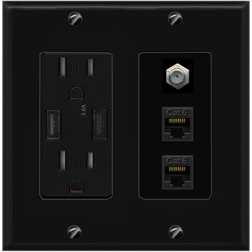 RiteAV - 2 Port Cat6 Ethernet 1 Coax Cable TV Wall Plate - USB Outlet [Black/Black]