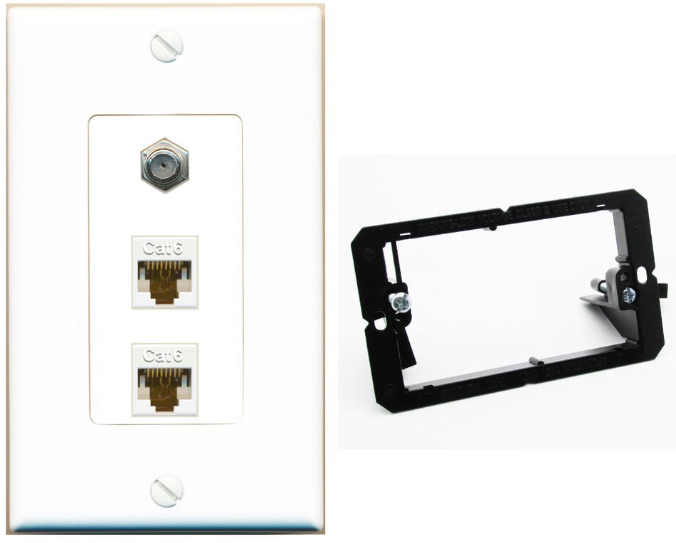 RiteAV - 2 Port Cat6 Ethernet 1 Coax Cable TV Wall Plate - Bracket [White]