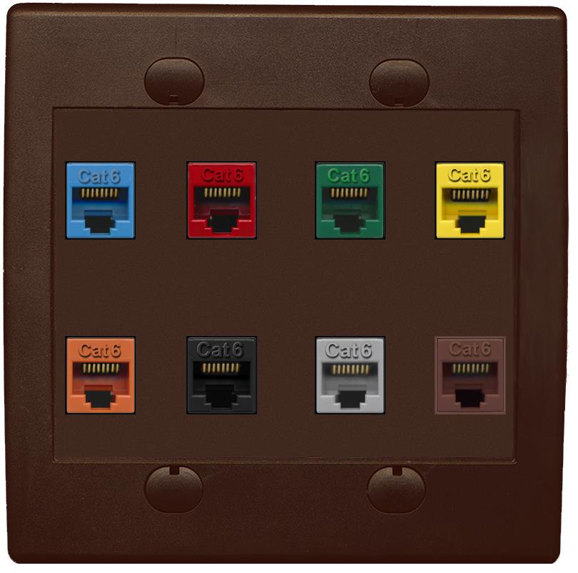 RiteAV Cat6 Colors Wall Plate 8 Port - Flat 2 Gang [Brown/Brown]