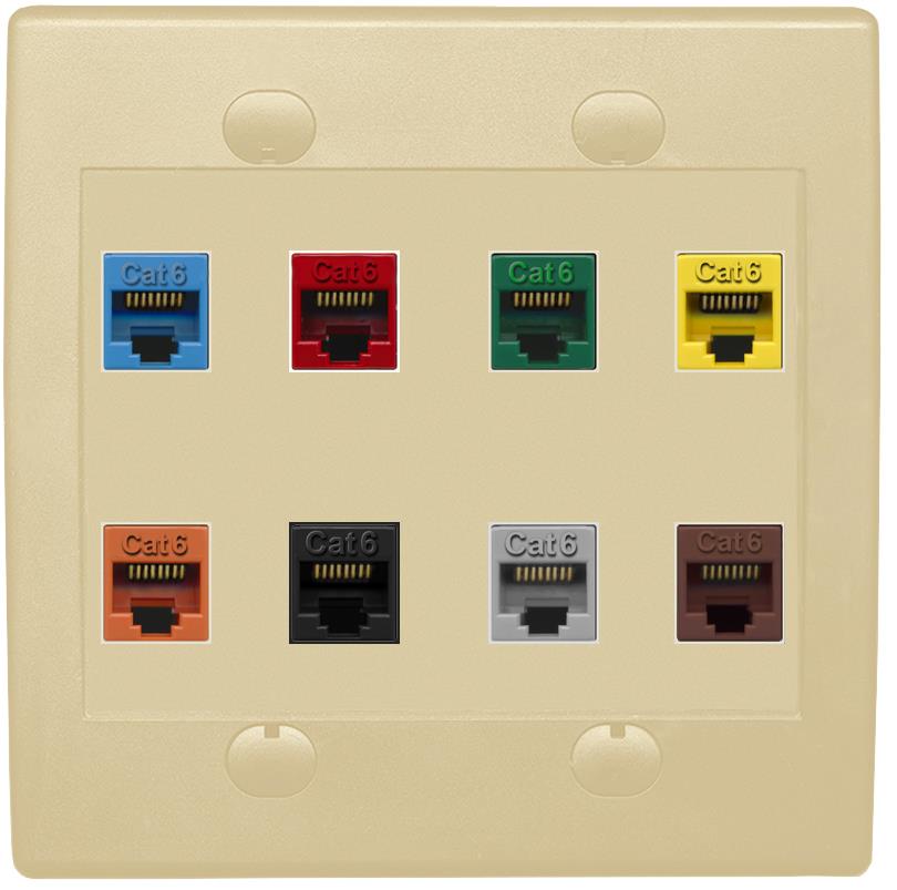 RiteAV Cat6 Colors Wall Plate 8 Port - Flat 2 Gang [Ivory/Ivory]