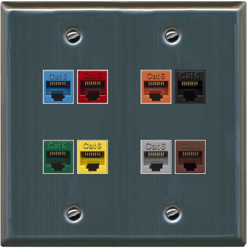RiteAV Cat6 Colors Wall Plate 8 Port - Flat 2 Gang [Stainless Steel]