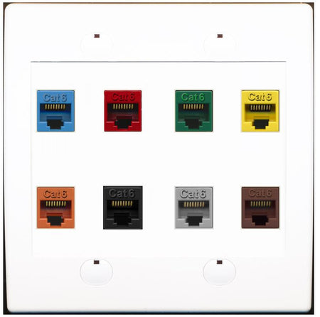 RiteAV Cat6 Colors Wall Plate 8 Port - Flat 2 Gang [White]