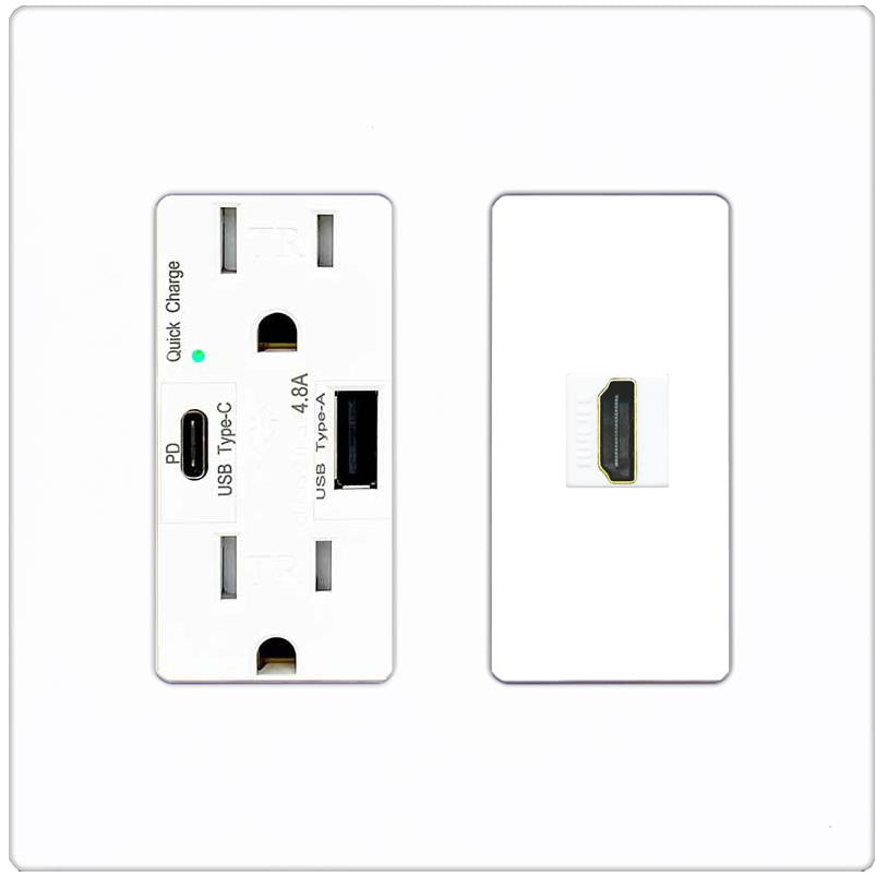 RiteAV HDMI Wall Plate 1 Port - USB A+C Charger [Screwless White]