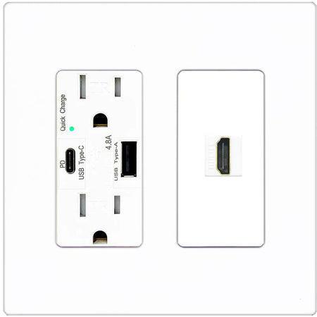 RiteAV HDMI Wall Plate 1 Port - USB A+C Charger [Screwless White]