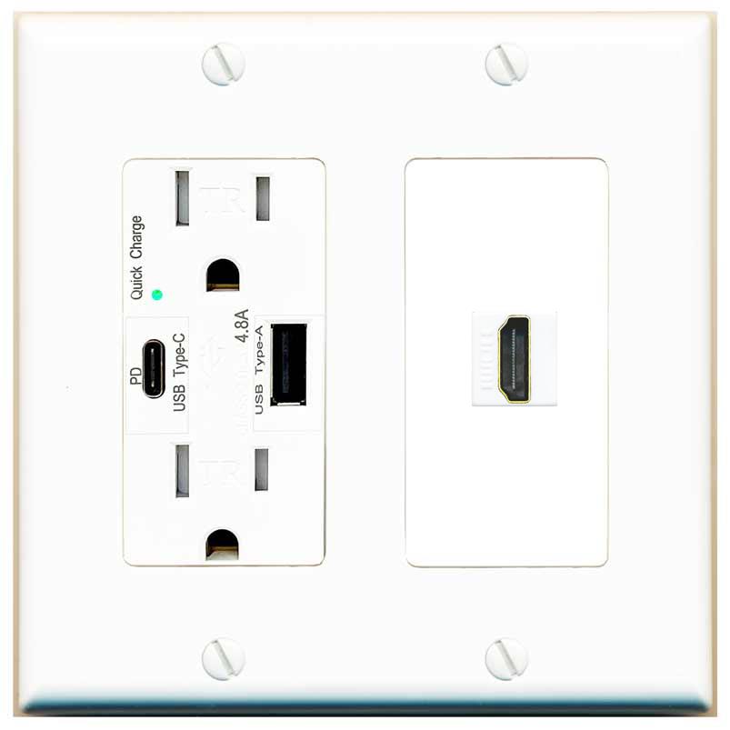 RiteAV HDMI Wall Plate 1 Port - USB A+C Charger [White]