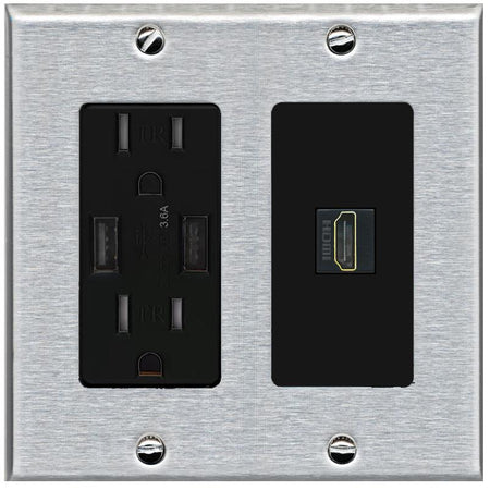 RiteAV HDMI Wall Plate 1 Port - USB Charger [Stainless/Black]
