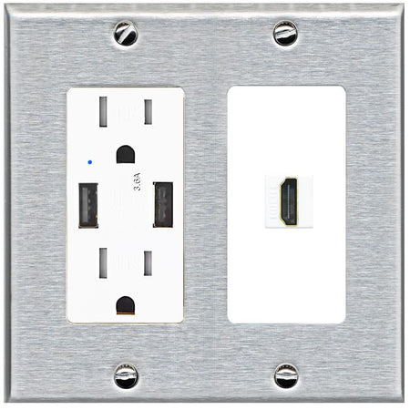 RiteAV HDMI Wall Plate 1 Port - USB Charger [Stainless/White]