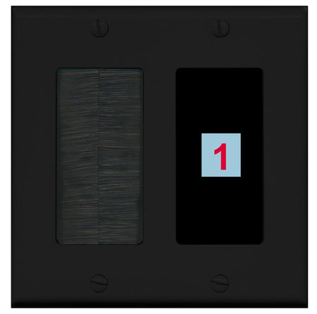 1 Port Custom Keystone Wall Plate 2 Gang DecorZ Black w/Brush Insert