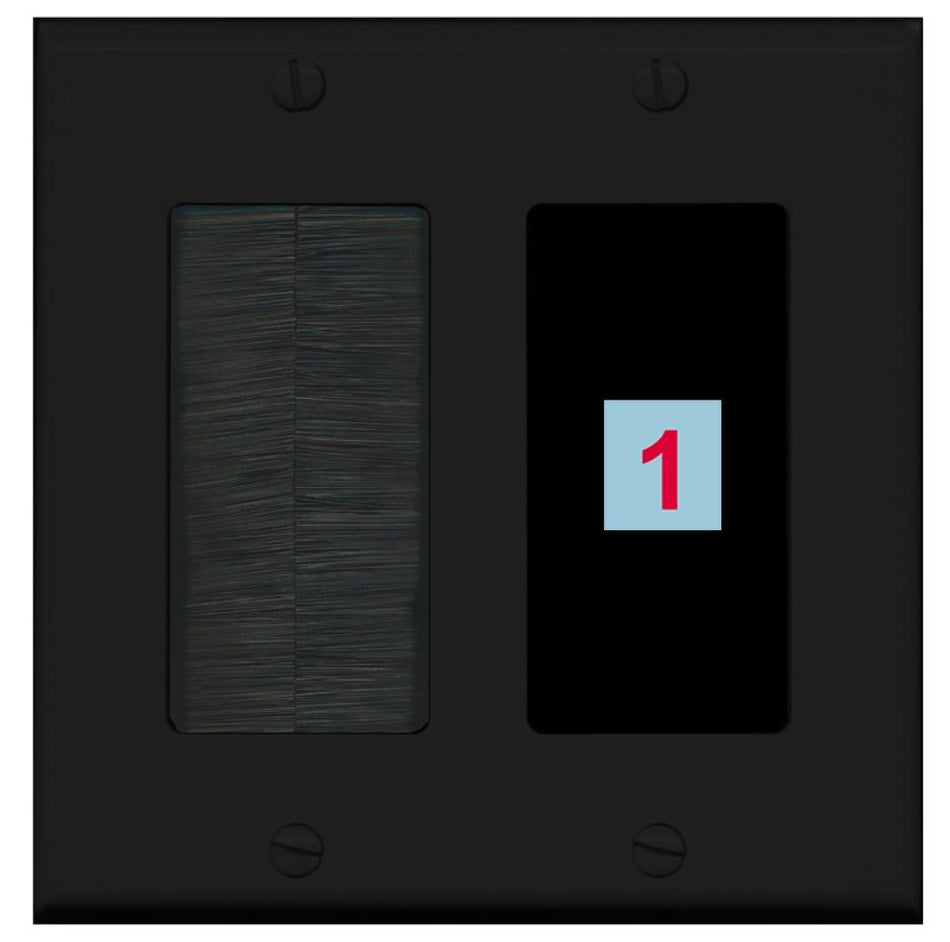 1 Port Custom Keystone Wall Plate 2 Gang DecorZ Black w/Brush Insert