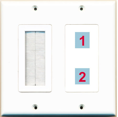2 Port Custom Keystone Wall Plate 2 Gang DecorZ White w/Brush Insert