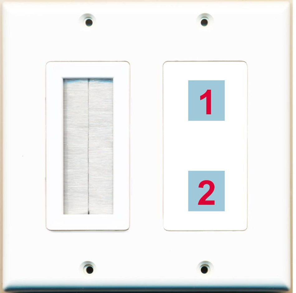 2 Port Custom Keystone Wall Plate 2 Gang DecorZ White w/Brush Insert