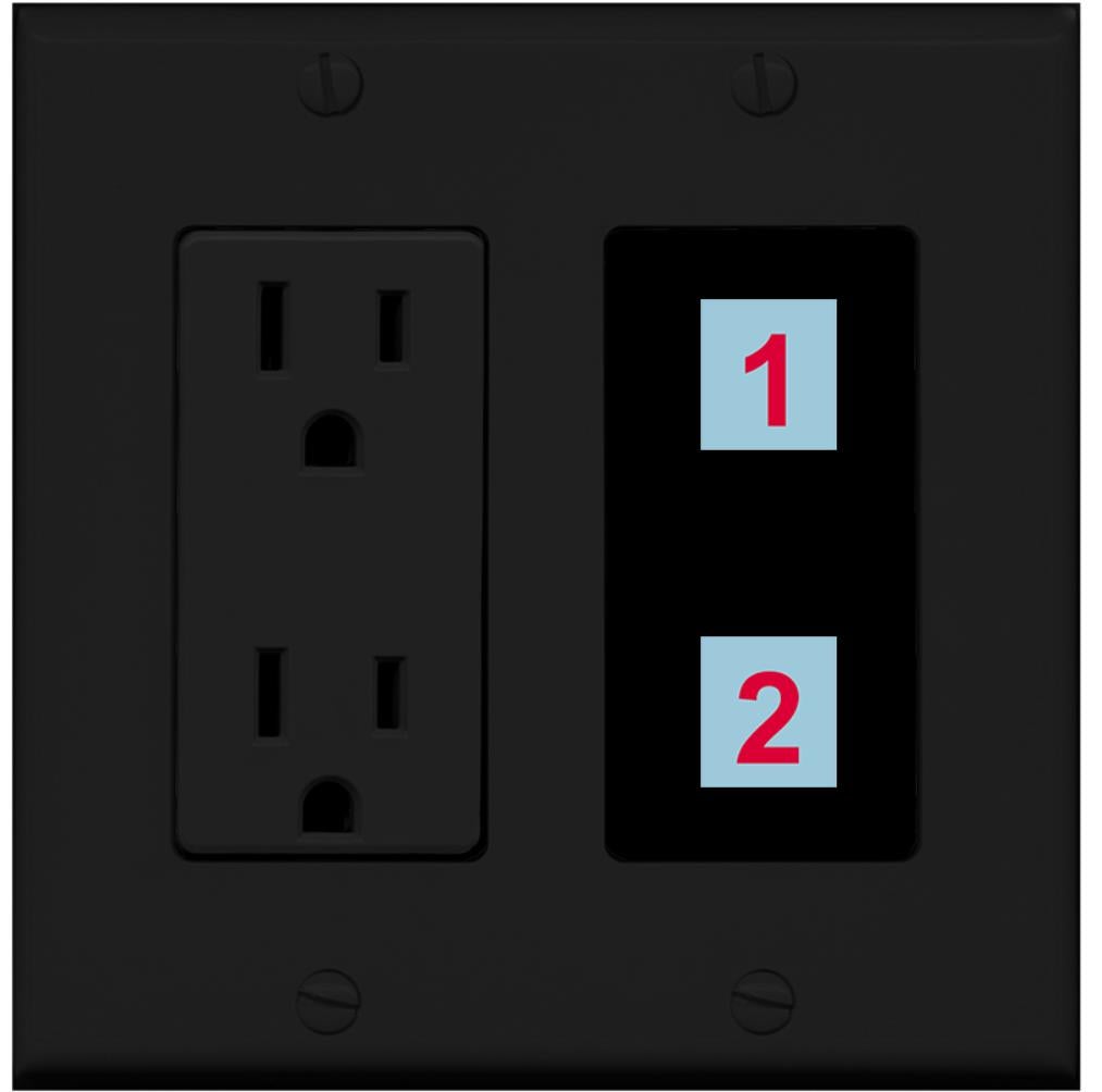 2 Port Custom Keystone Wall Plate w/DecorZ Power Outlet Black