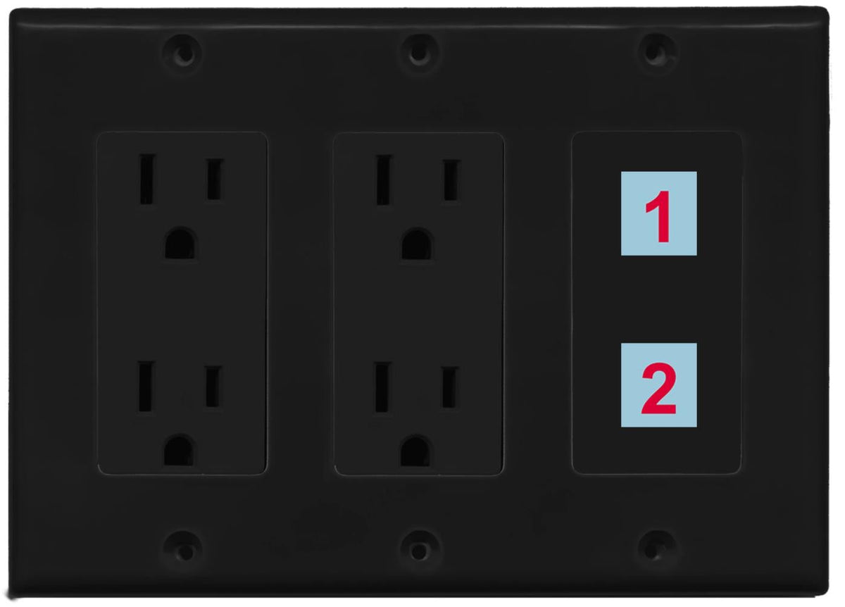 2 Port Custom Keystone Wall Plate w/Dual DecorZ Power Outlet Black