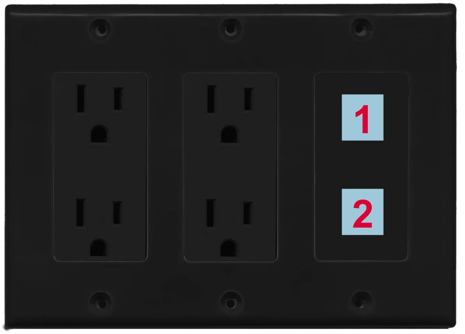 2 Port Custom Keystone Wall Plate w/Dual DecorZ Power Outlet Black