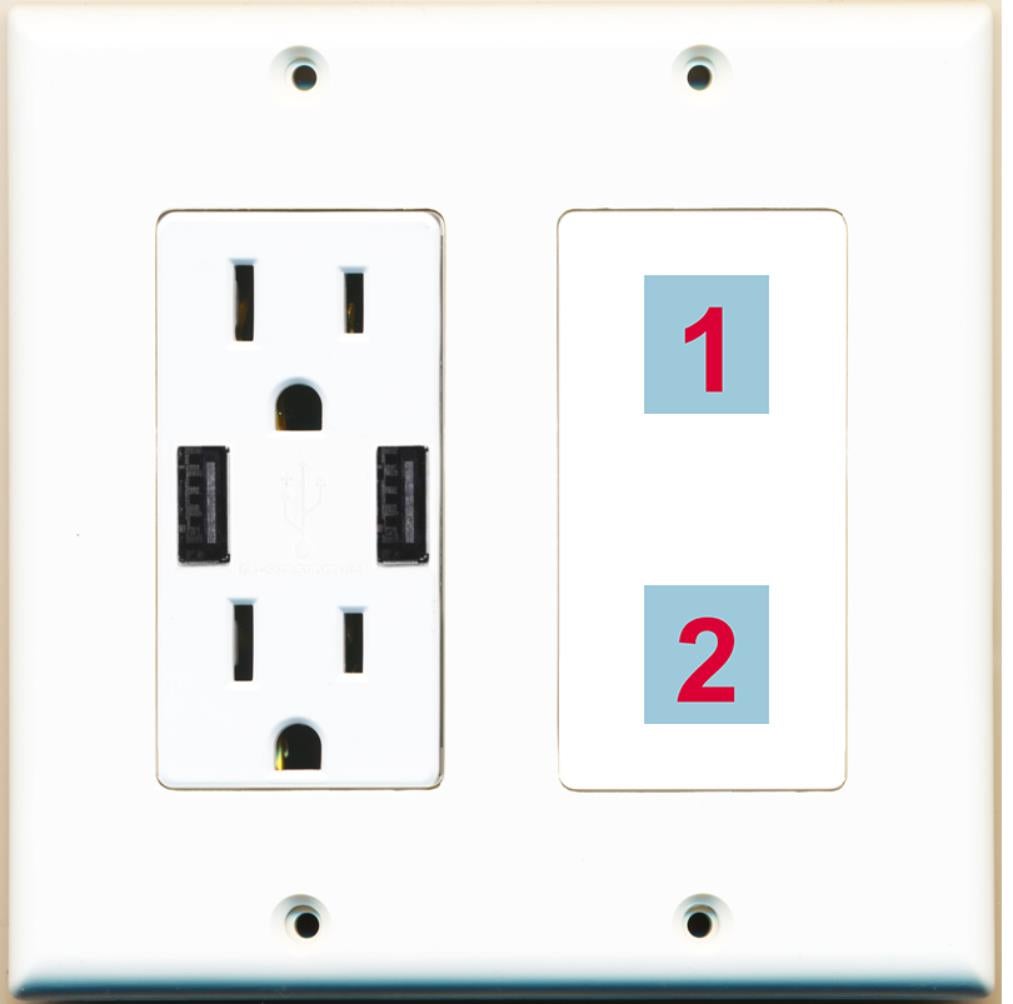 2 Port Custom Keystone Wall Plate w/2 USB Charger Power Outlet