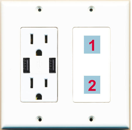 2 Port Custom Keystone Wall Plate w/2 USB Charger Power Outlet