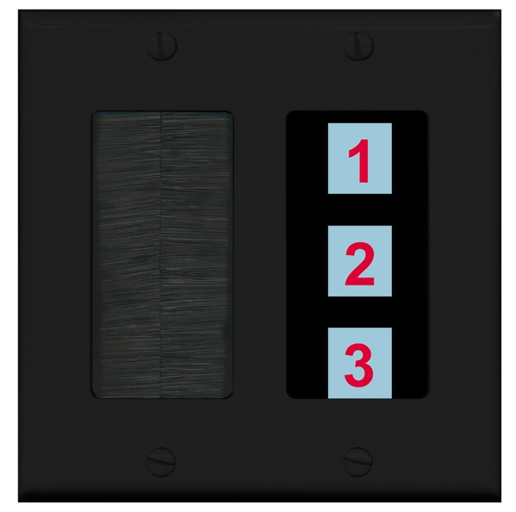 3 Port Custom Keystone Wall Plate 2 Gang DecorZ Black w/Brush Insert