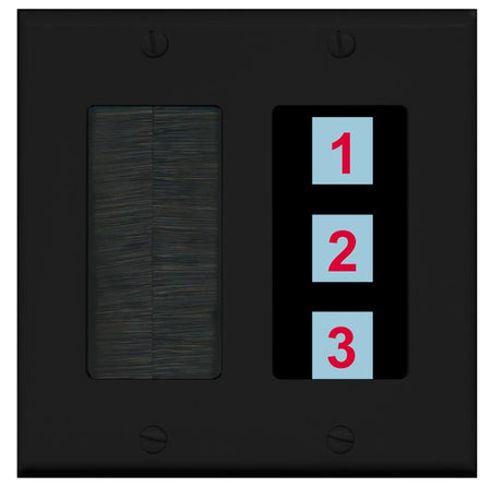 3 Port Custom Keystone Wall Plate 2 Gang DecorZ Black w/Brush Insert