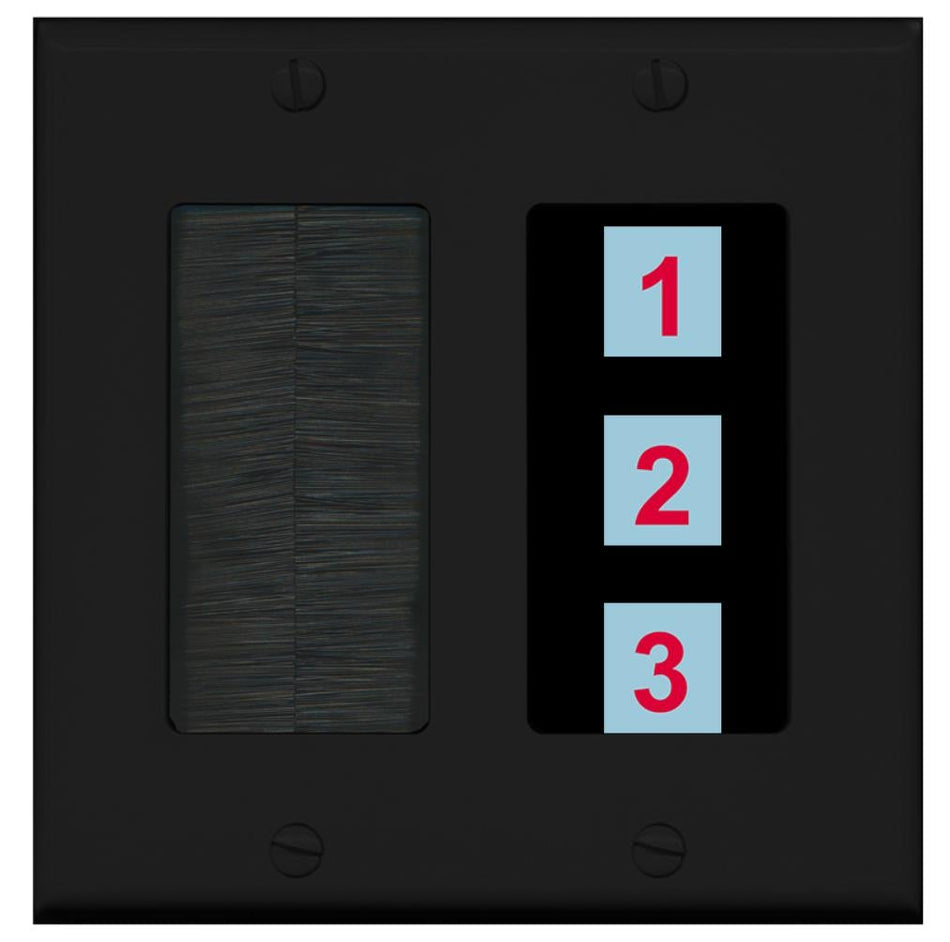 3 Port Custom Keystone Wall Plate 2 Gang DecorZ Black w/Brush Insert
