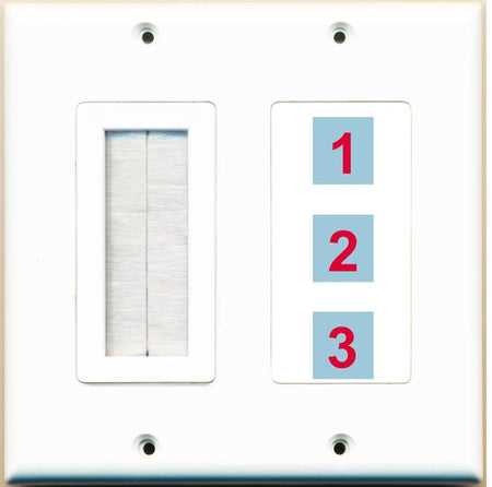 3 Port Custom Keystone Wall Plate 2 Gang DecorZ White w/Brush Insert