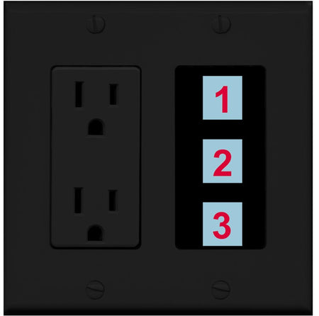 3 Port Custom Keystone Wall Plate w/DecorZ Power Outlet Black