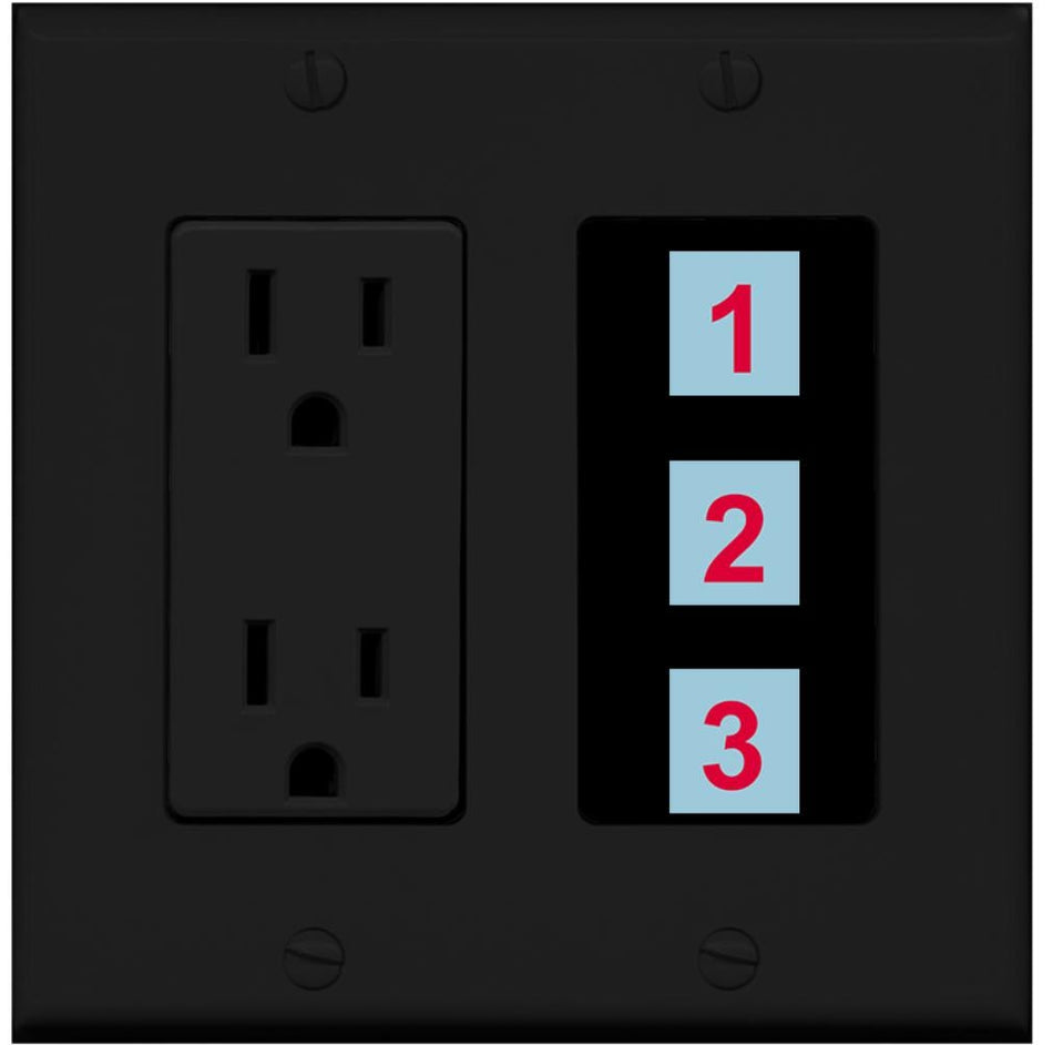 3 Port Custom Keystone Wall Plate w/DecorZ Power Outlet Black