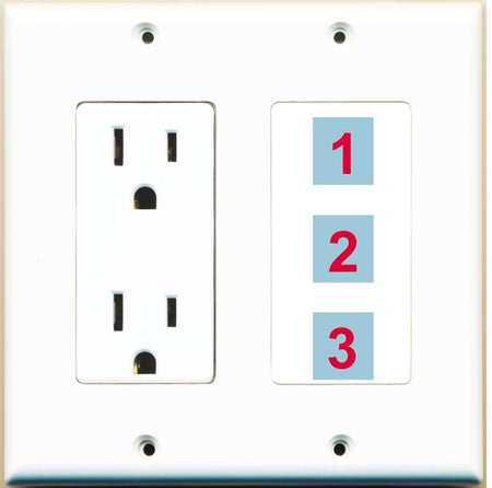 3 Port Custom Keystone Wall Plate w/DecorZ Power Outlet White