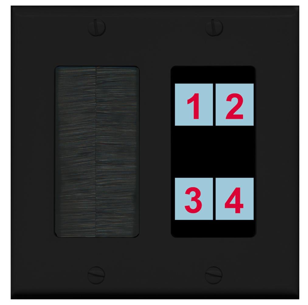 4 Port Custom Keystone Wall Plate 2 Gang DecorZ Black w/Brush Insert